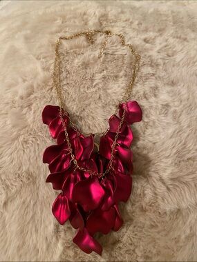 Gold Chain Statement Necklace with Fuchsia  Petals